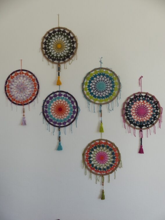 6 Grands Attrape-rêves « Mandala » au Crochet diam 25 cm